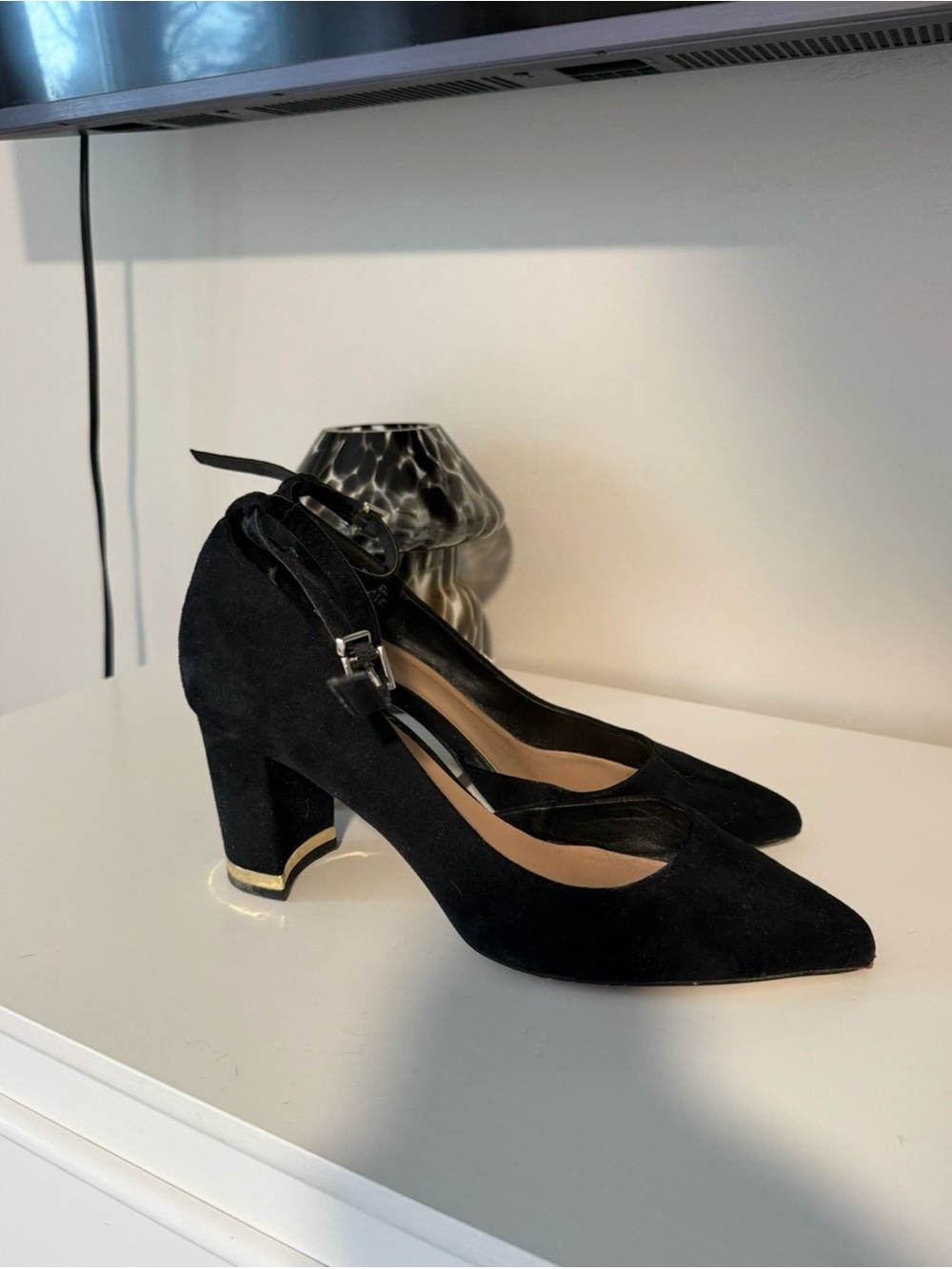 Black Suede Pointed-Toe Block Heel Pumps with Ankle Strap